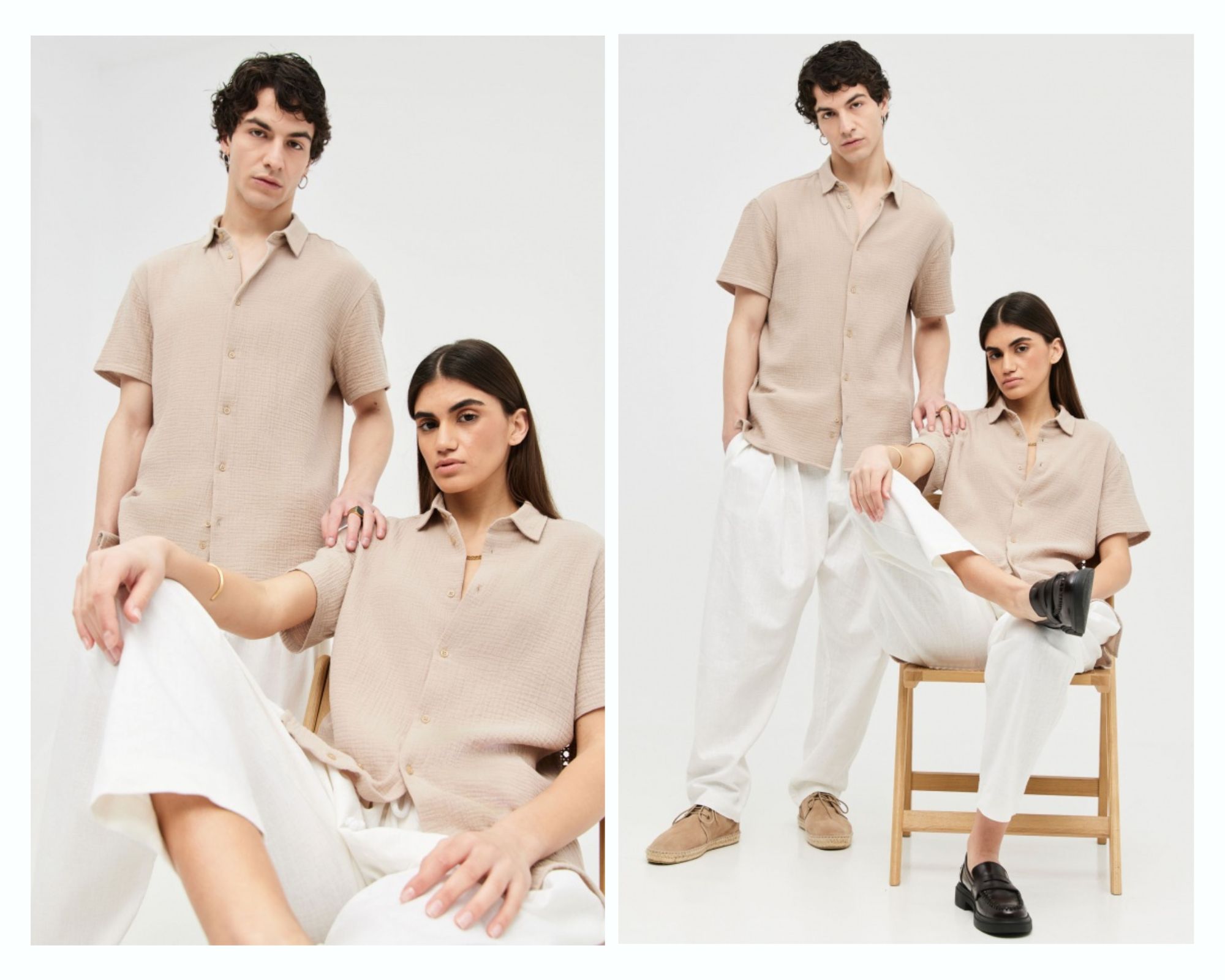 Πουκάμισο Unisex Άμμου Κοντομάνικο Γκοφρέ Σε Relaxed Γραμμή