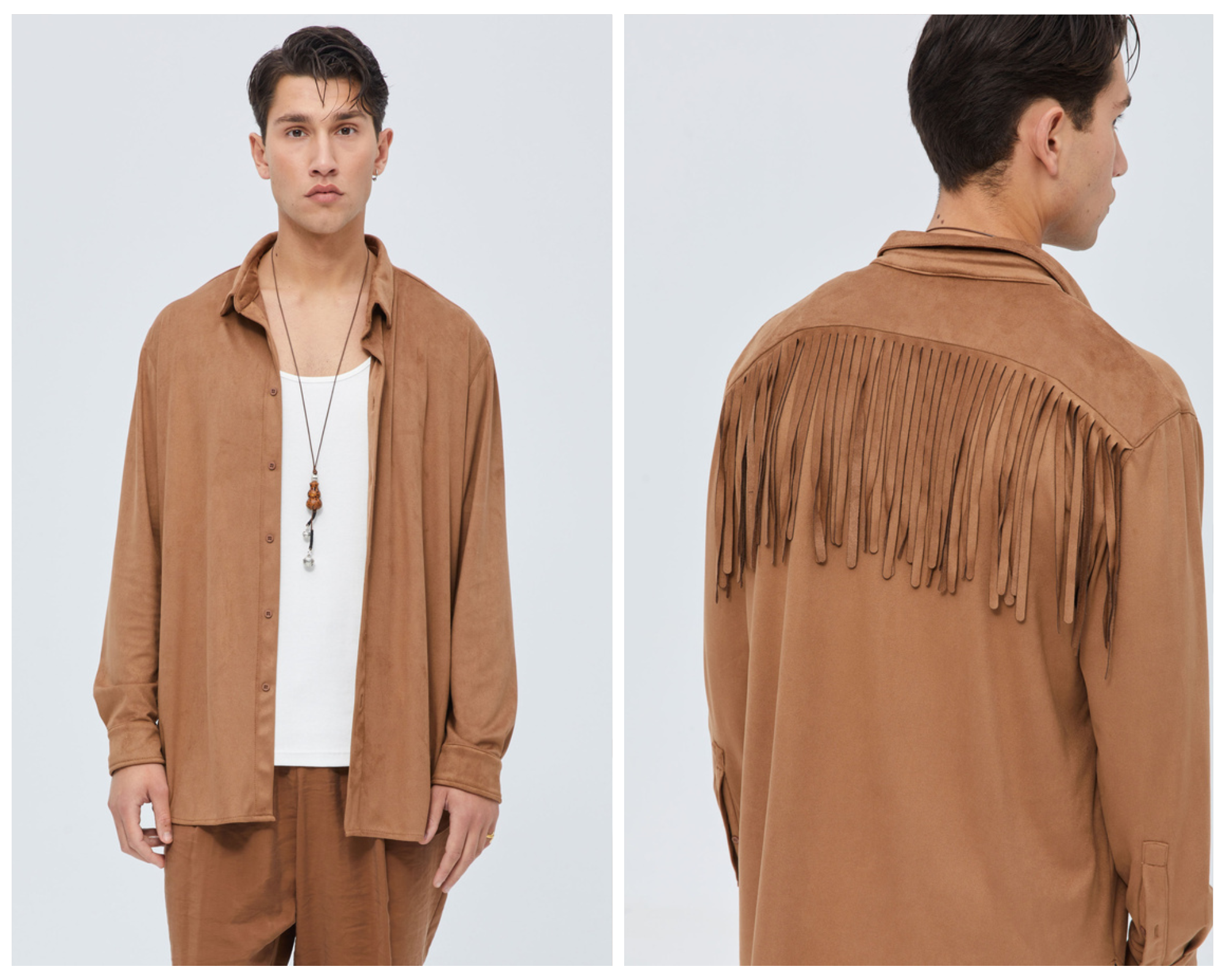 Camel Suede Oversized Shirt With Fringes