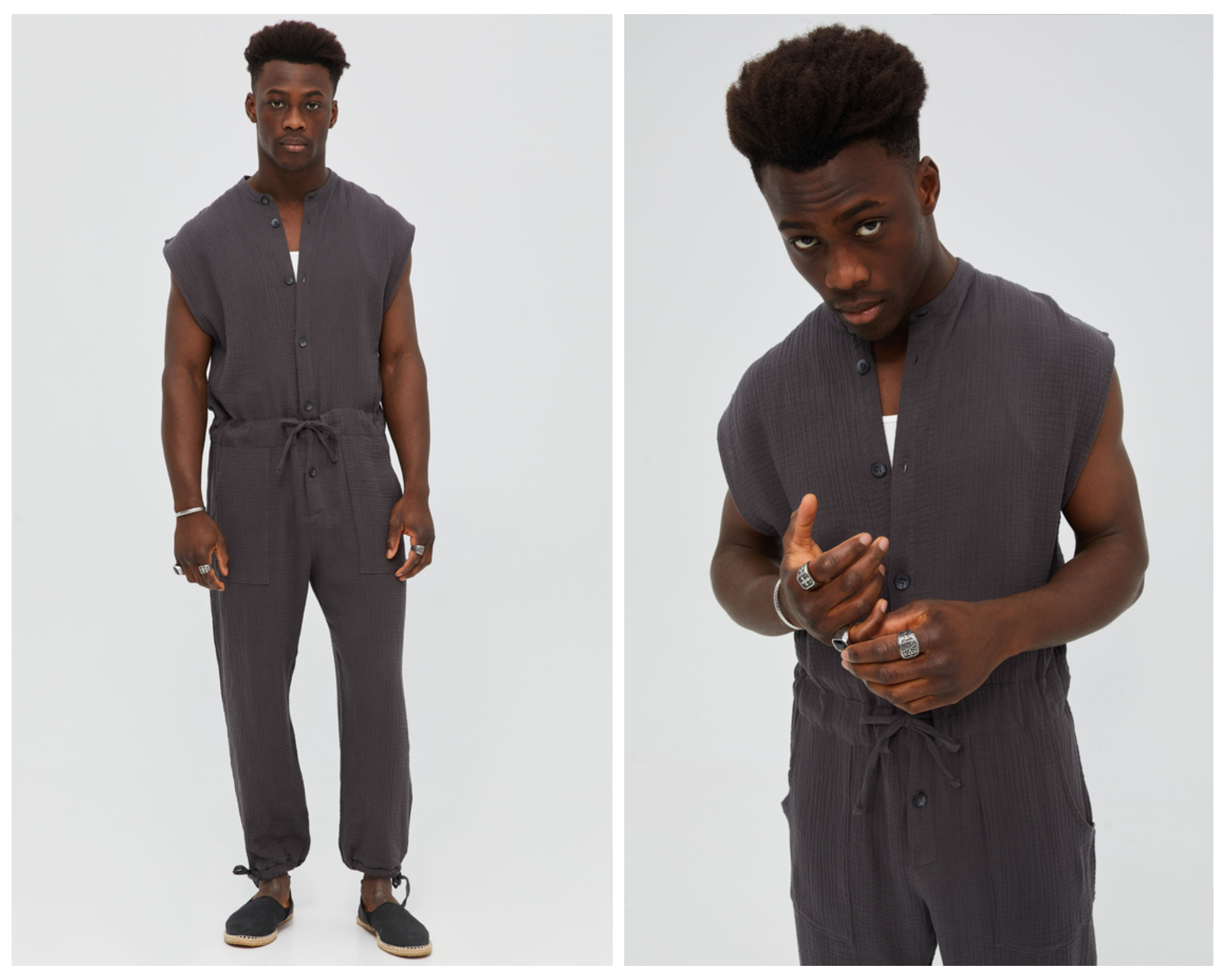 Overall Crinkle Charcoal Sleeveless Jumpsuit