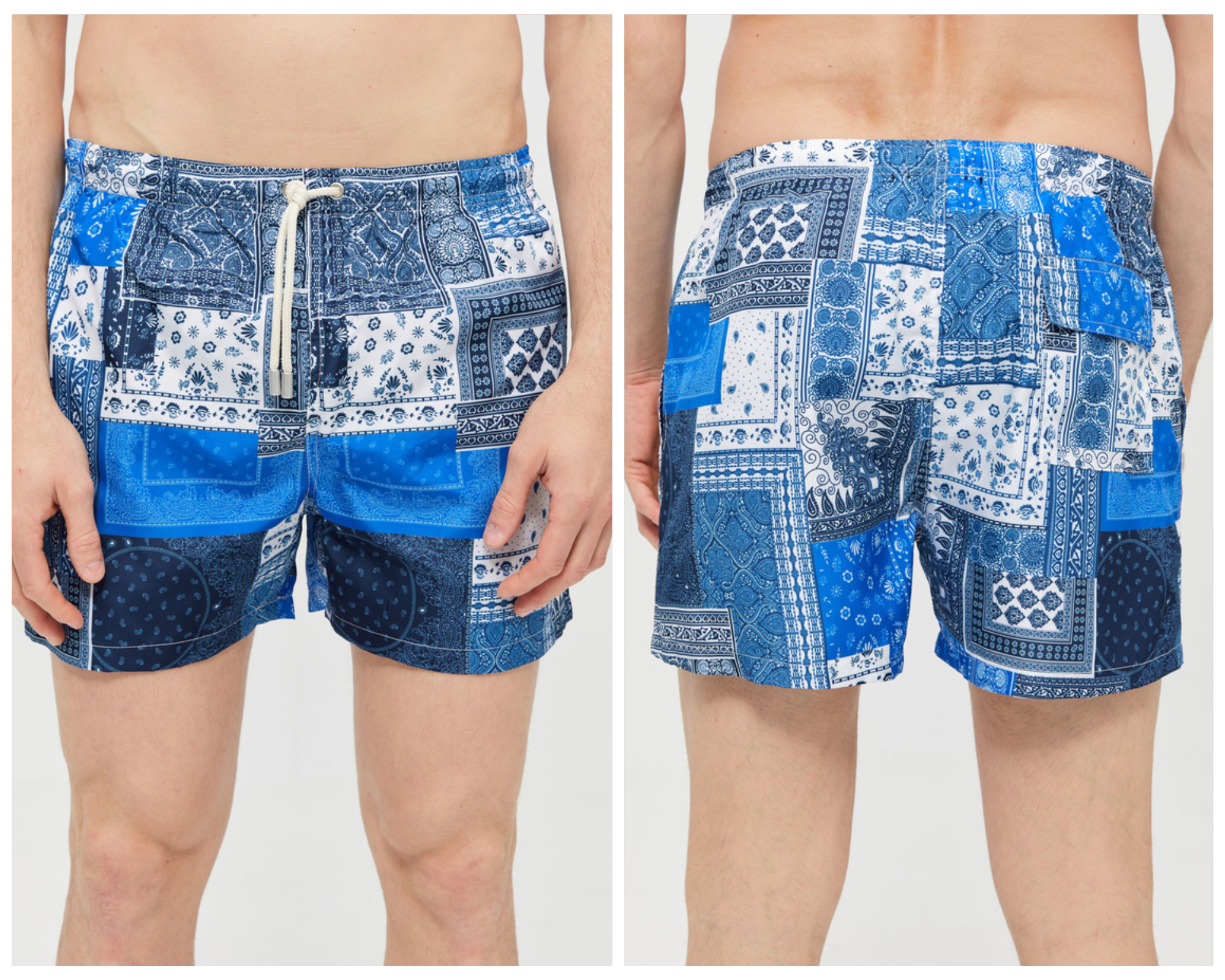 White-Blue Swim Shorts In Paisley Design