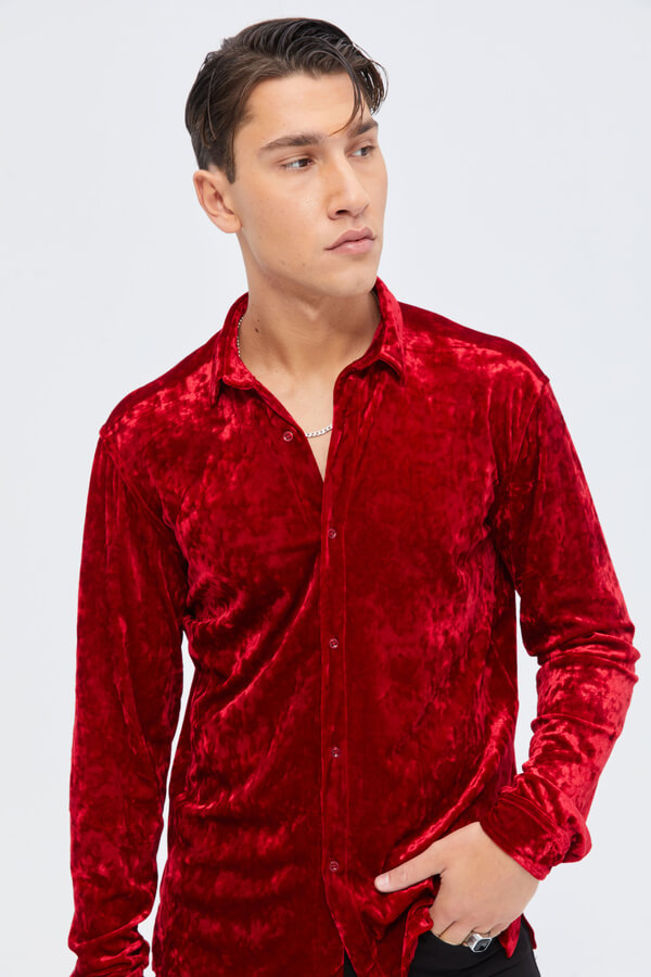 Shirt Velvet Red In Mini Pointed Collar