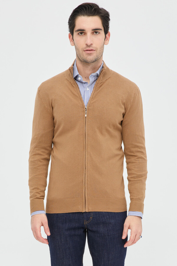 Cardigan Camel In High Collar With Zip Fastening