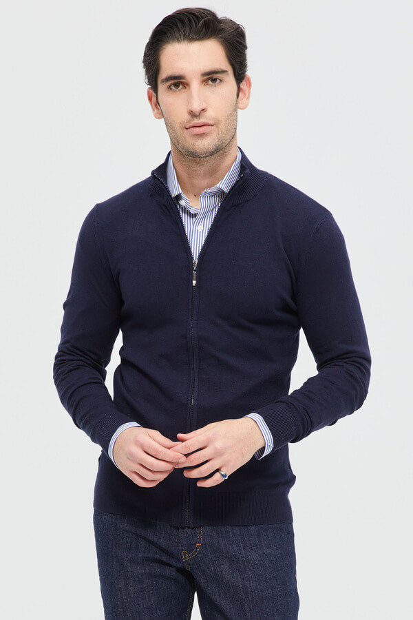 Cardigan: Blue In High Collar With Zip Fastening