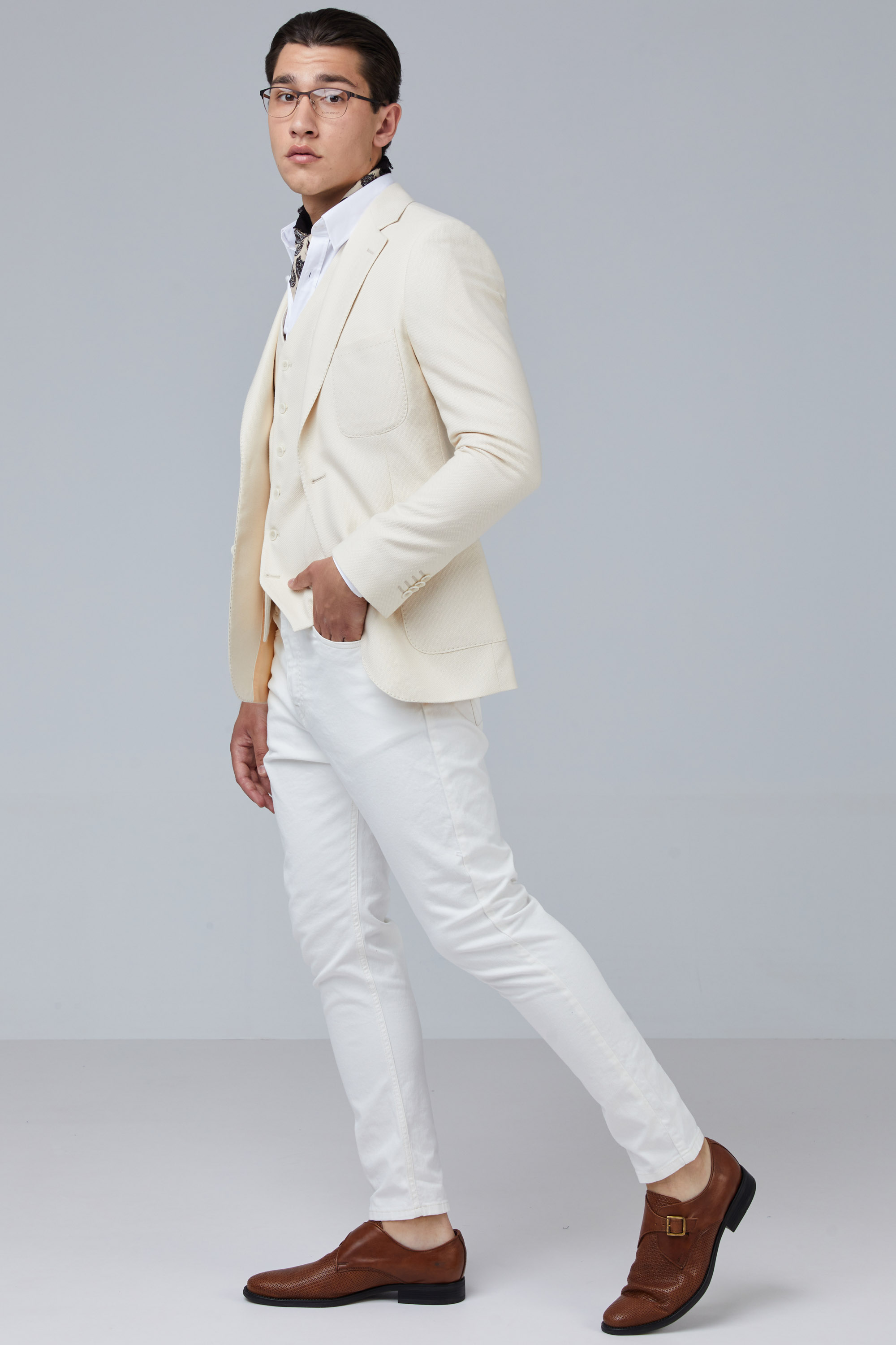 Ecru Cotton Blazer With 2 Buttons In Slim Fit