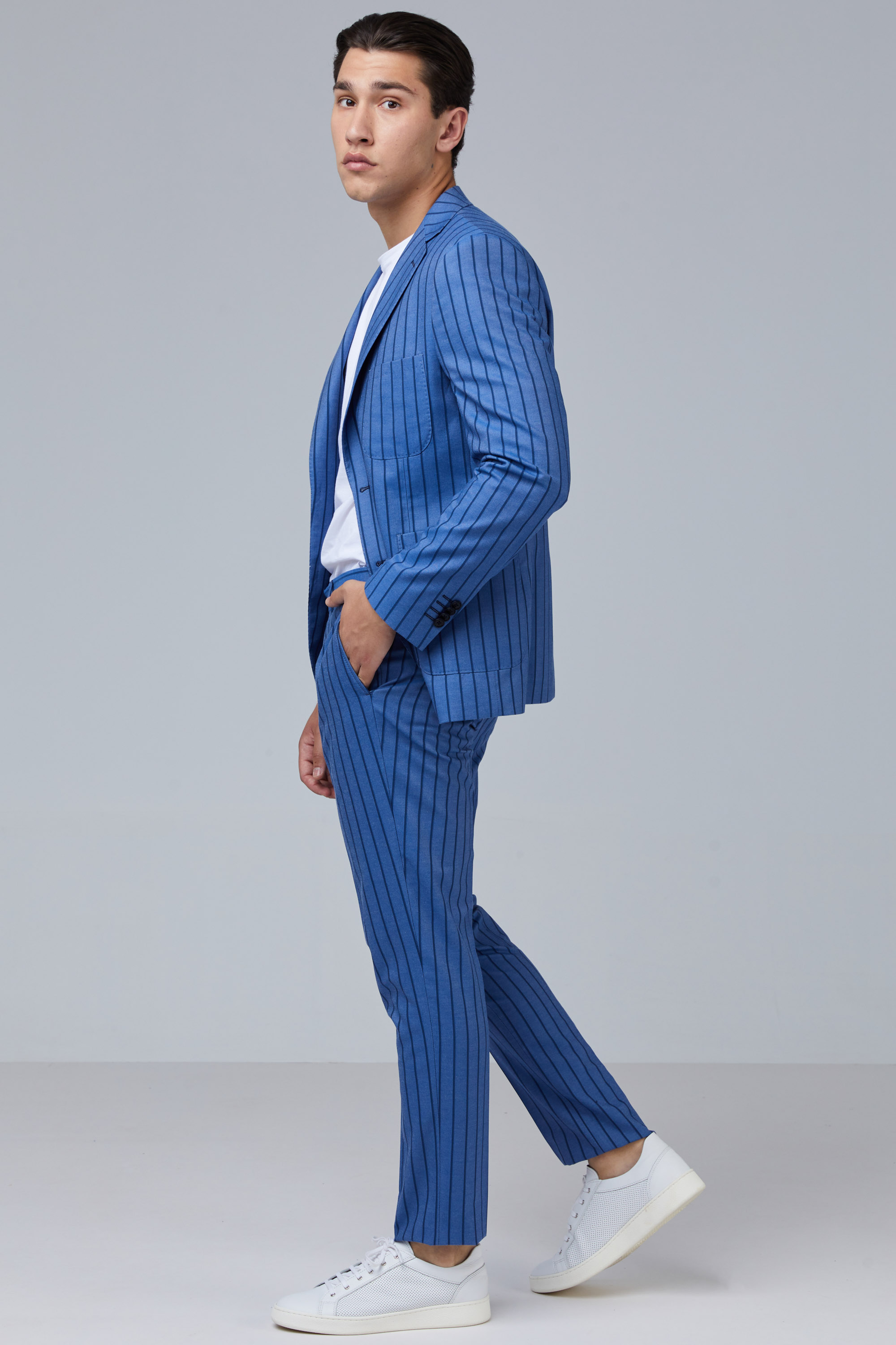 Slim Fit Cyan Pinstripe Suit In Cotton | Aristoteli Bitsiani