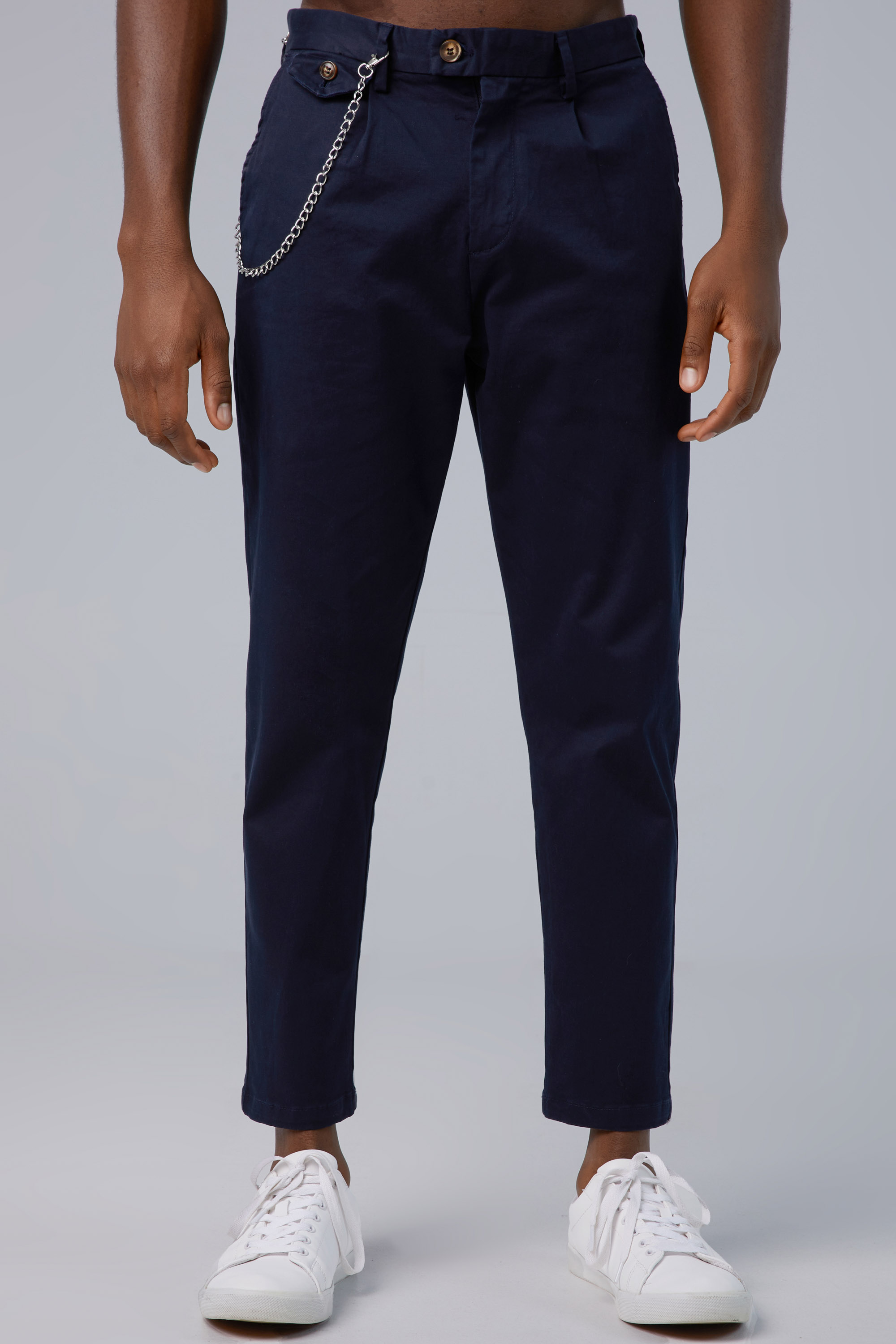 Blue Cotton Chino Trousers With Chain In Tapered Fit | Aristoteli Bitsiani