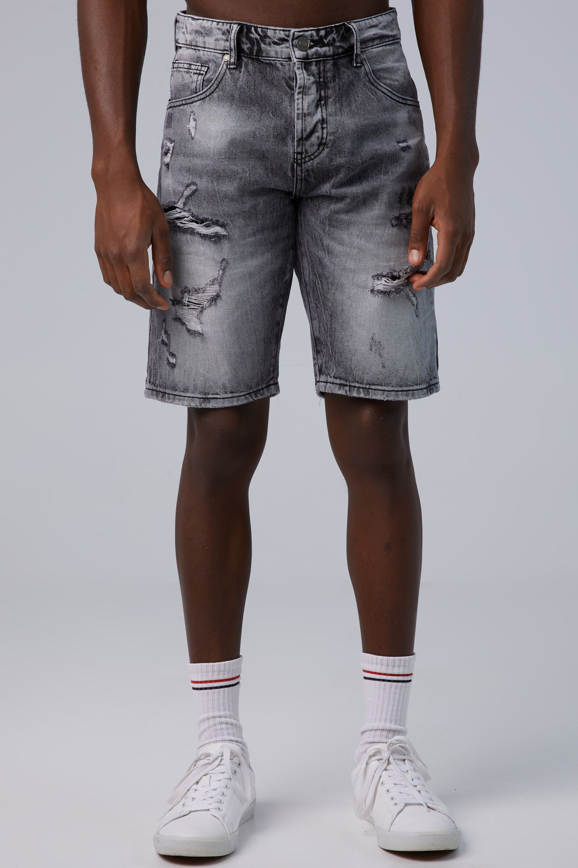 Gray Denim Shorts With Rips In Regular Fit | Aristoteli Bitsiani