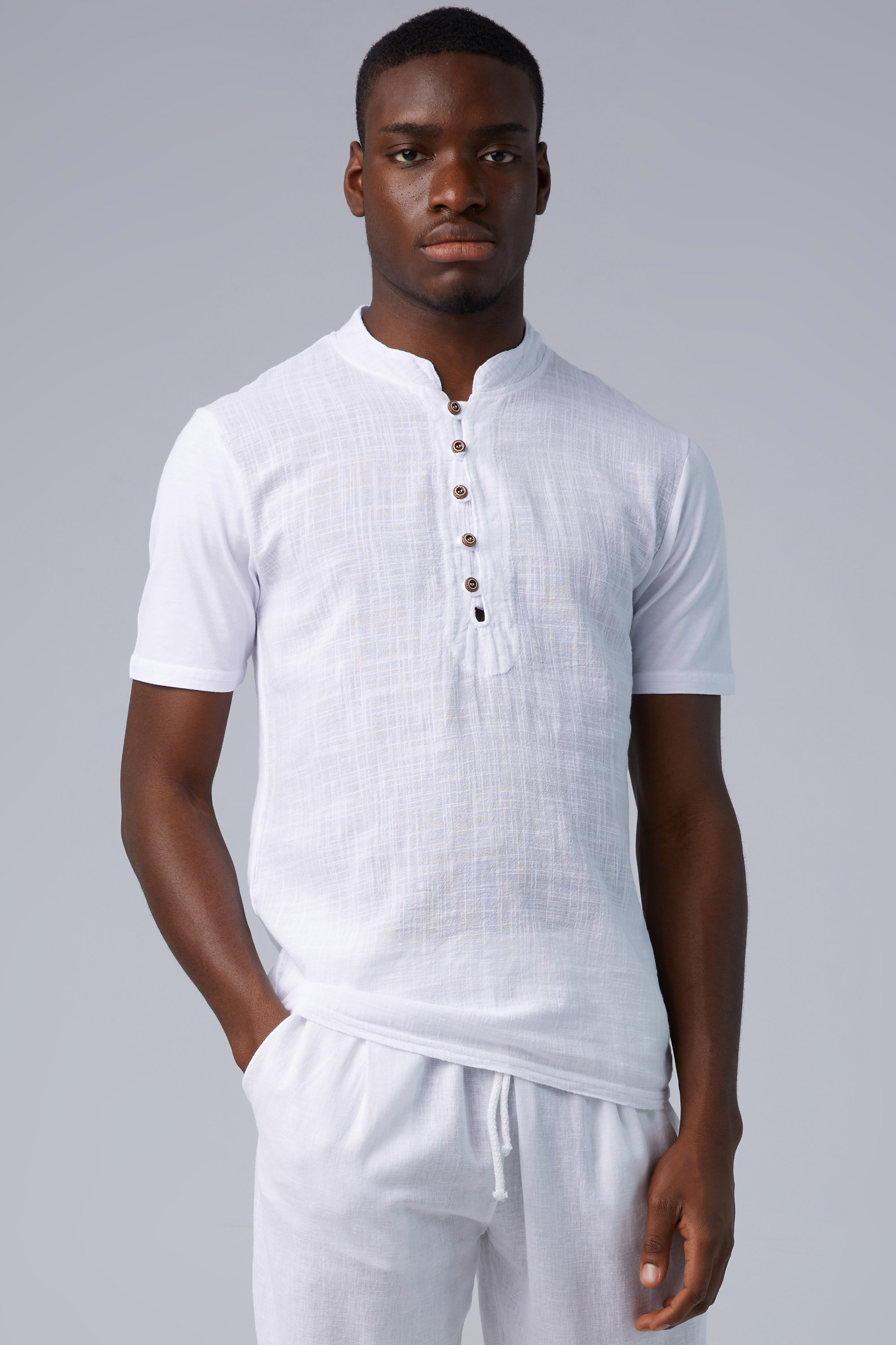 White Linen T-Shirt In Henley Collar | Aristoteli Bitsiani