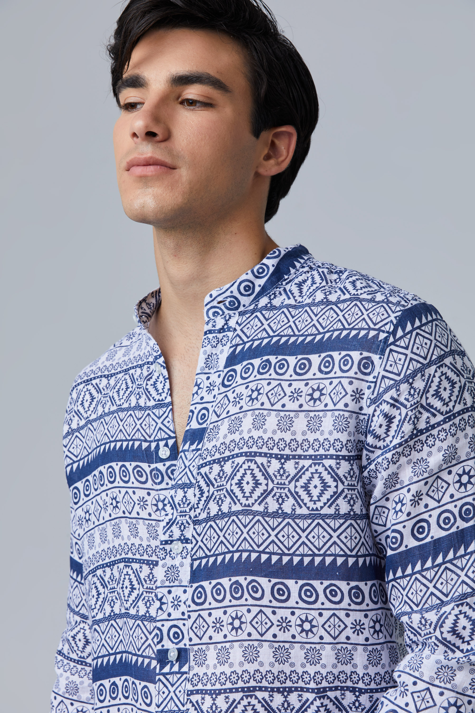 Slim Fit Aztec Linen Shirt In Grandad Collar | Aristoteli Bitsiani