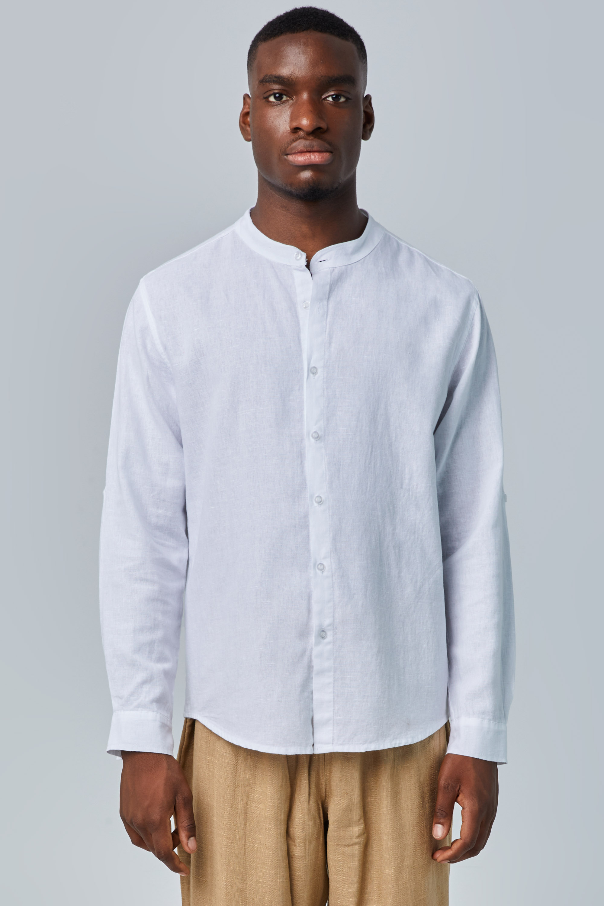 Slim Fit White Linen Shirt In Grandad Collar | Aristoteli Bitsiani