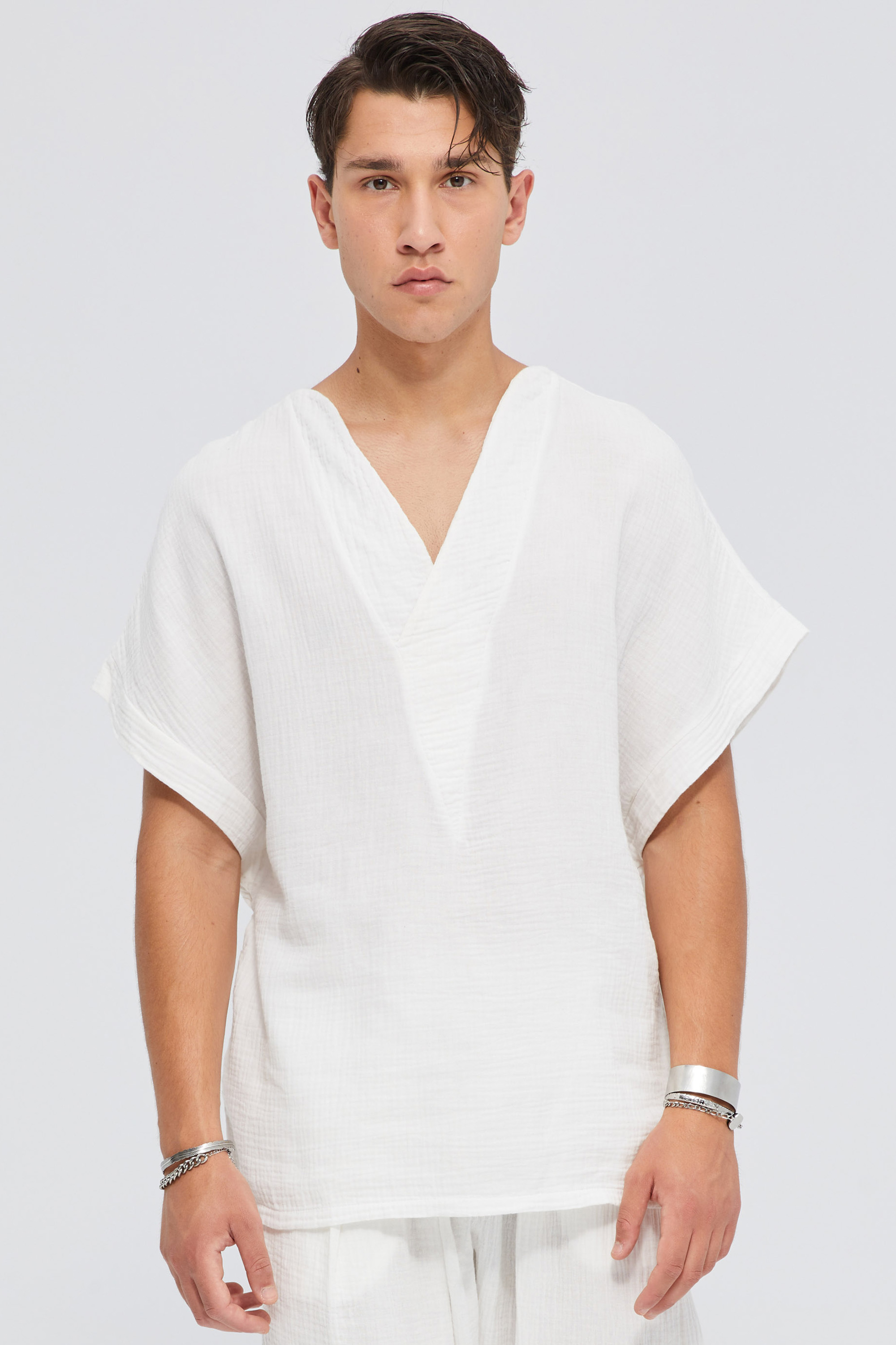 Oversized Ecru Crinkle T-Shirt In Oblique Sleeves | Aristoteli Bitsiani