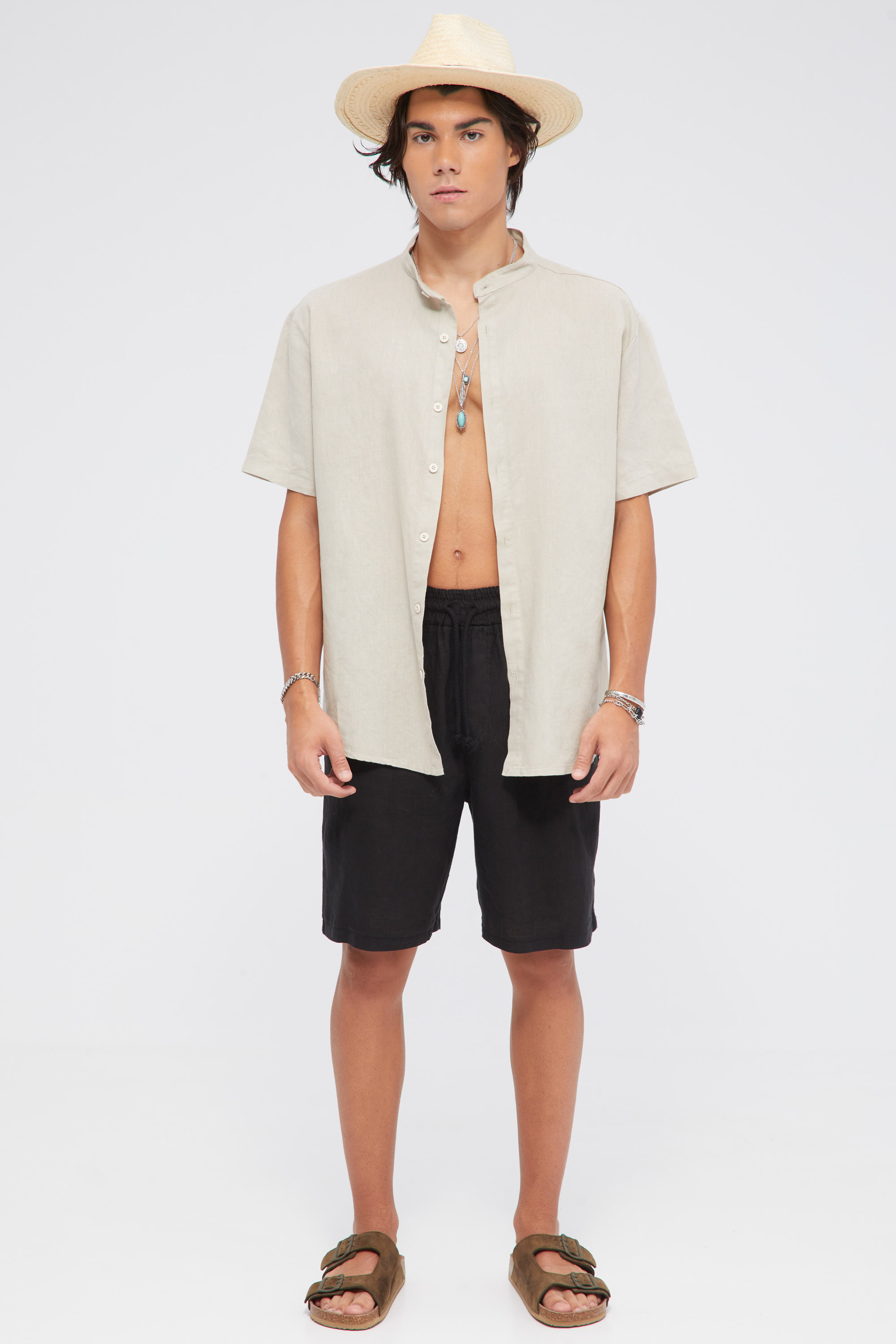 Short Sleeve Beige Linen Shirt In Grandad Collar | Aristoteli Bitsiani