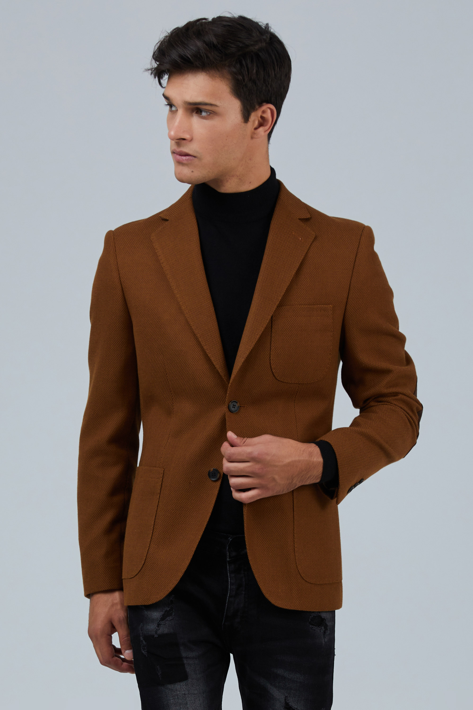 Camel Blazer With Brown Patches In Slim Fit