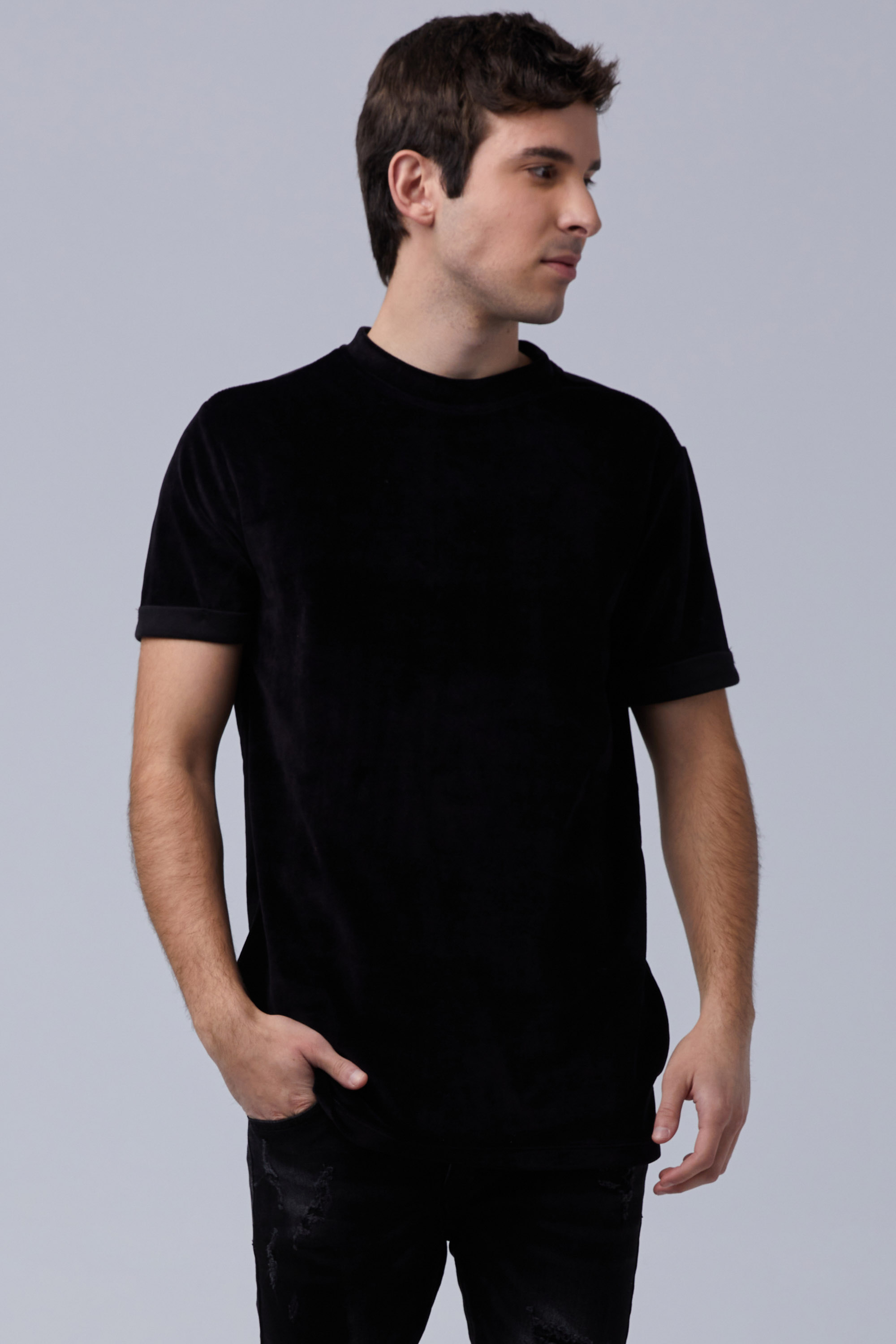 Black T-Shirt Velvet T-Shirt With Rolled-Up Sleeve In Longline ...