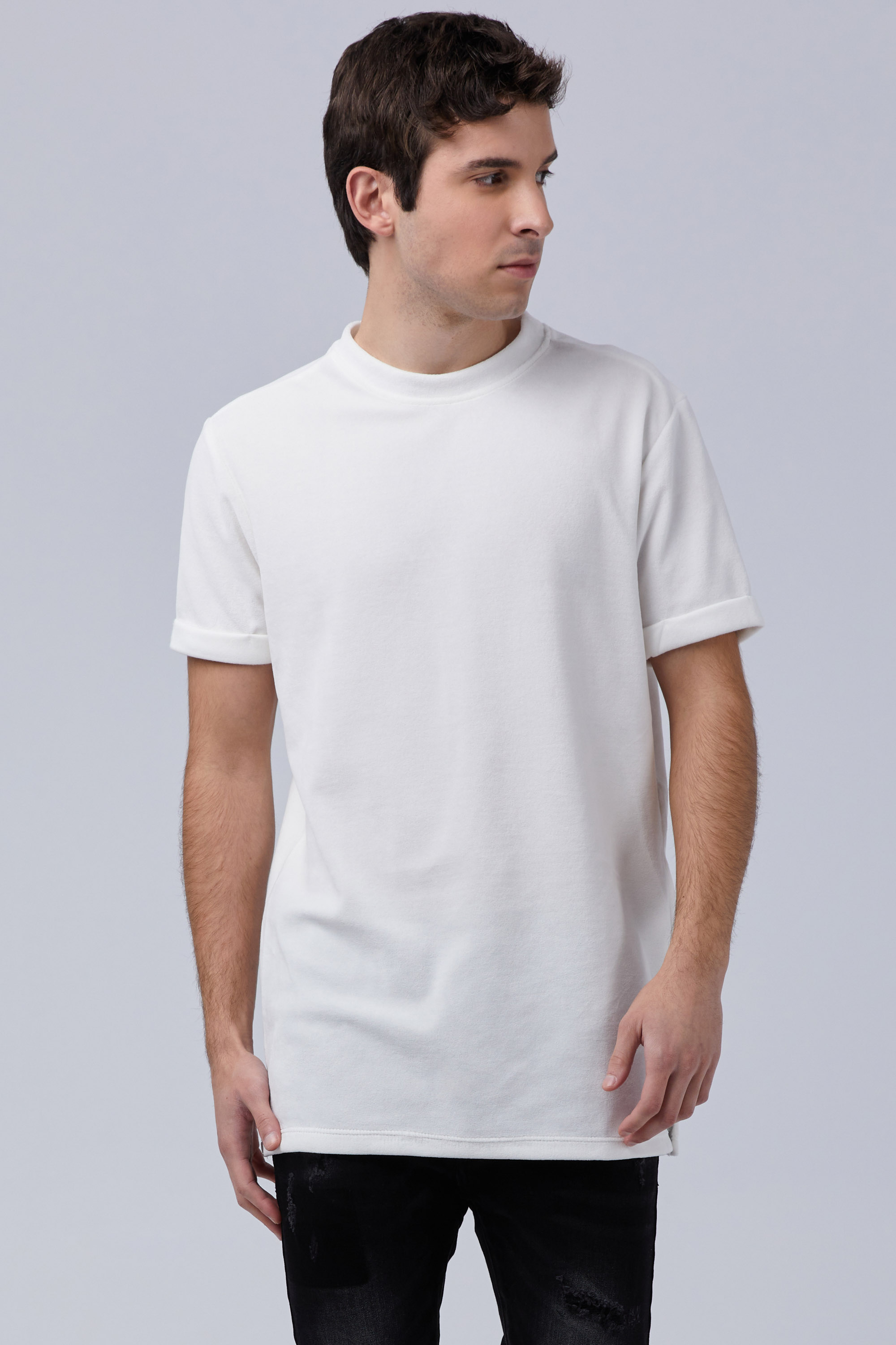 White T-Shirt Velvet T-Shirt With Rolled-Up Sleeve In Longline ...