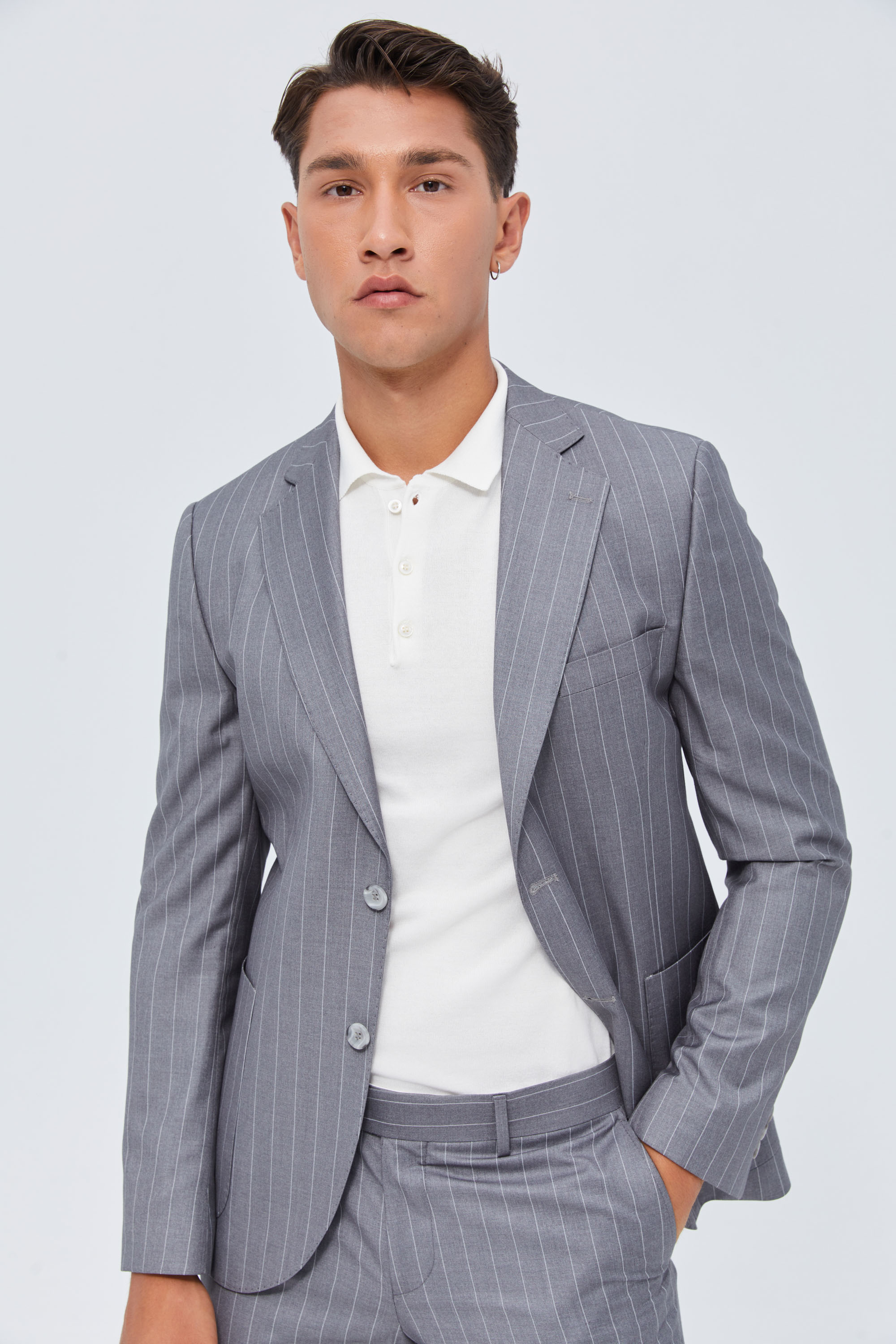 Men's Grey Vertical Striped Suit, Grey Waistcoat, White Dress Shirt,  Burgundy Print Tie | Lookastic