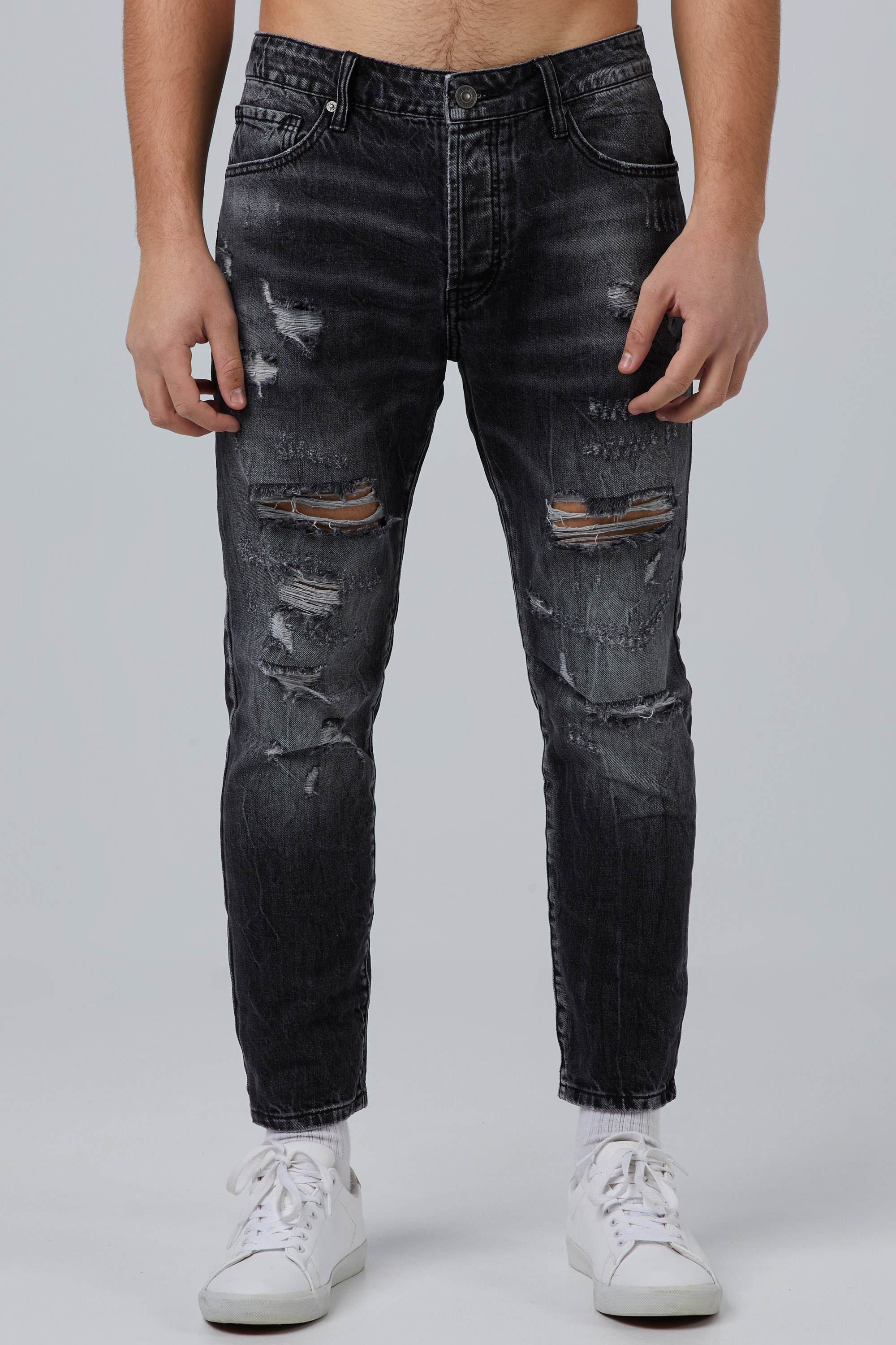 Black Jeans With Rips In Tapered Fit | Aristoteli Bitsiani