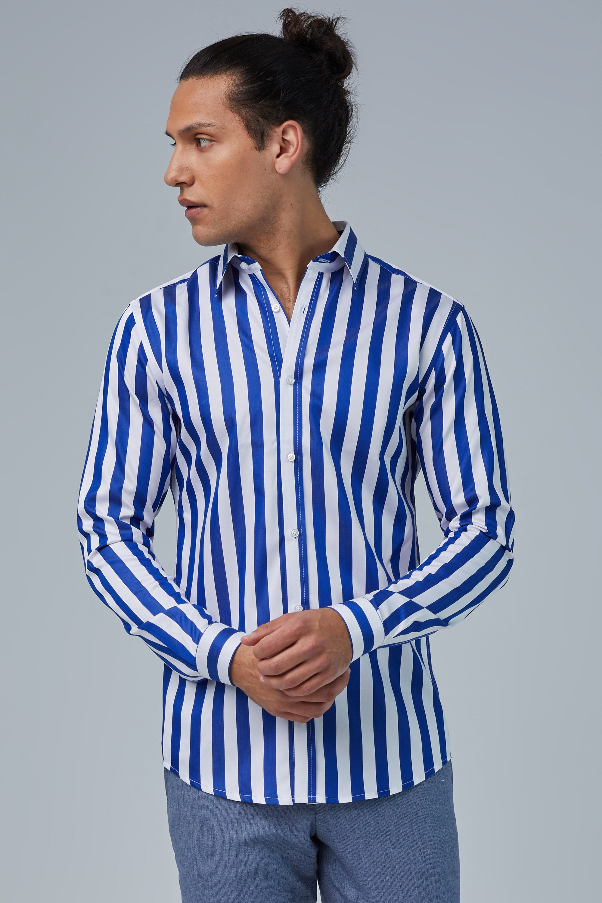 Slim Fit Blue Striped Shirt In Pointed Collar | Aristoteli Bitsiani