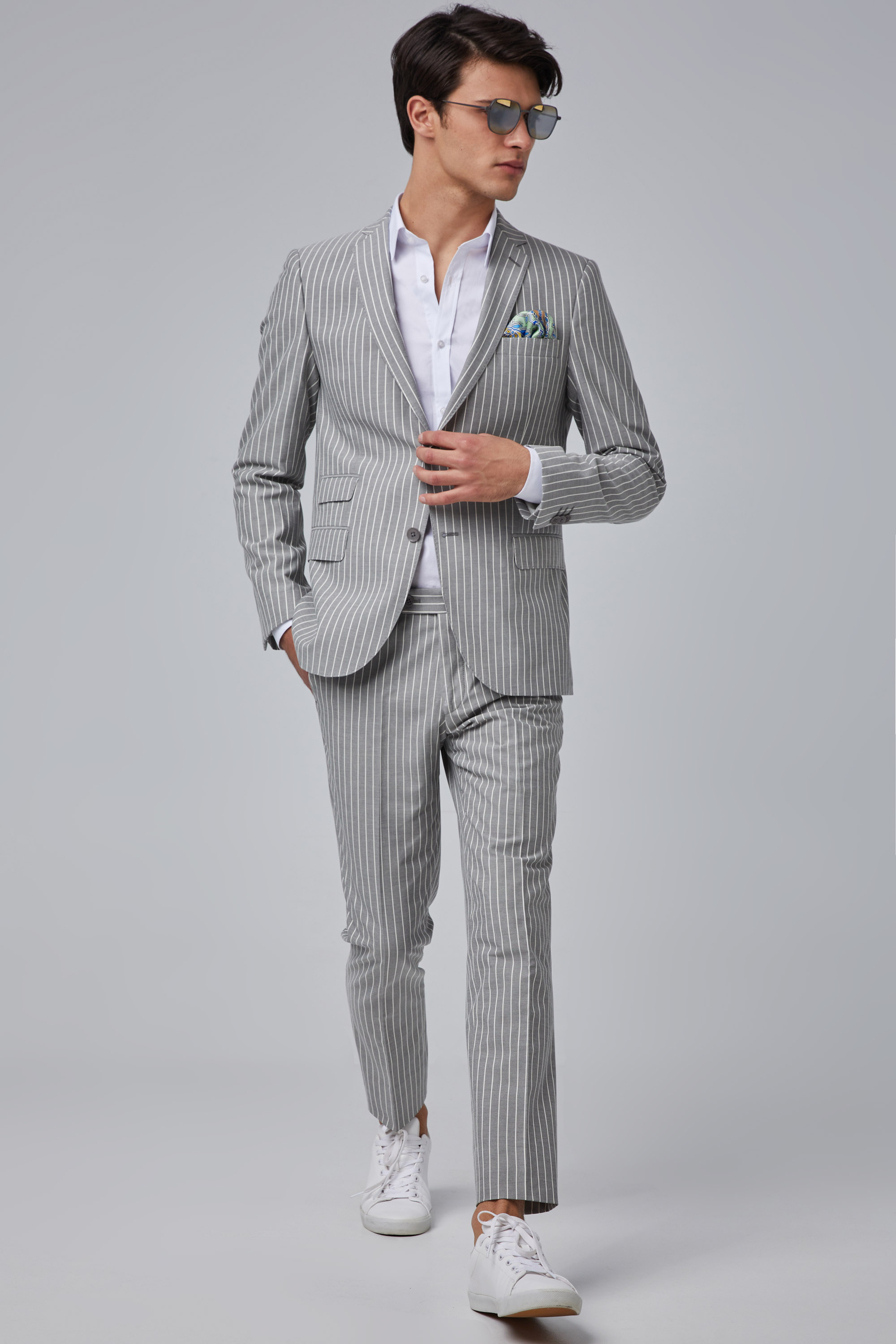 Slim Fit Gray Pinstripe Suit In Cotton Aristoteli Bitsiani