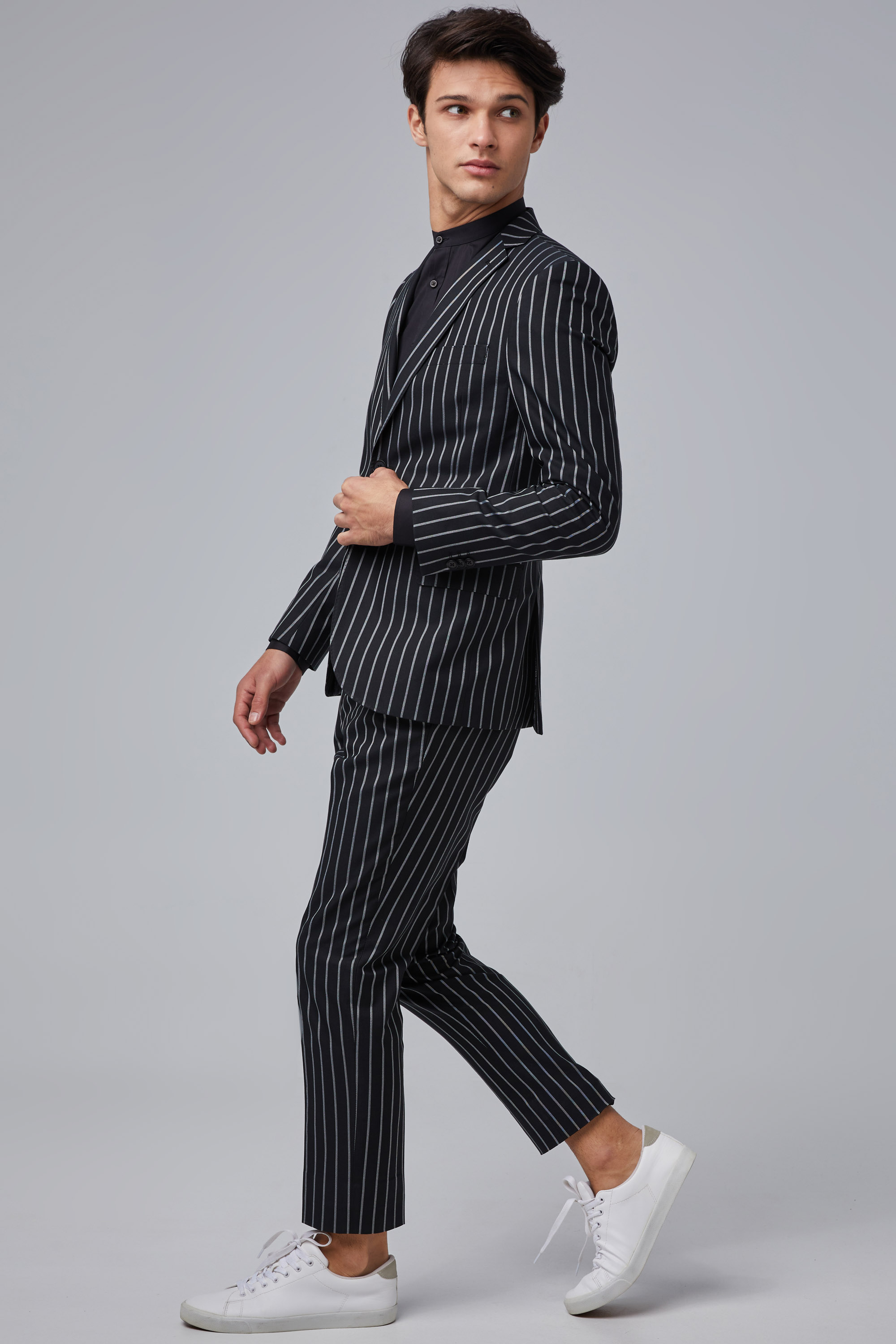 Slim Fit Black Pinstripe Suit In Cotton | Aristoteli Bitsiani
