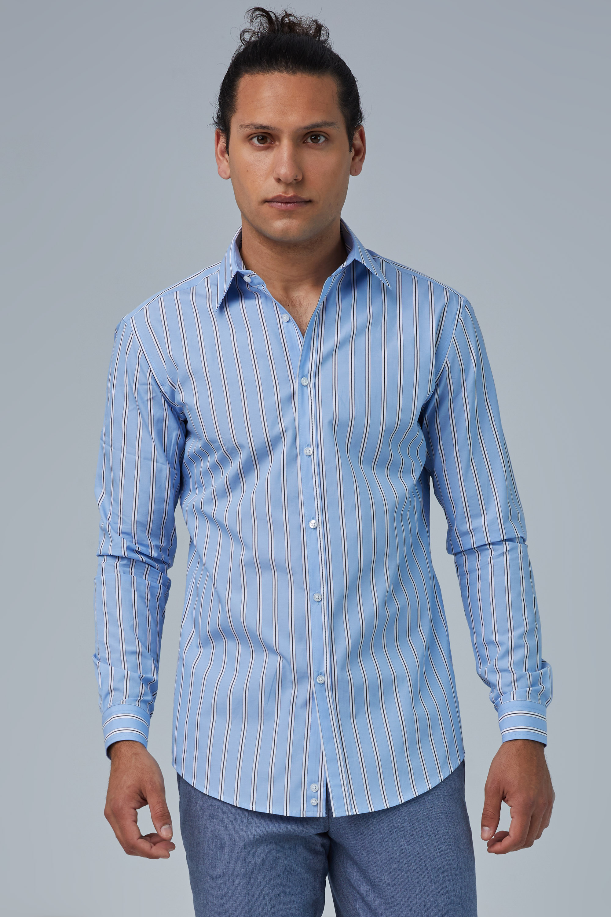 Slim Fit Light Blue Striped Shirt In Pointed Collar | Aristoteli Bitsiani
