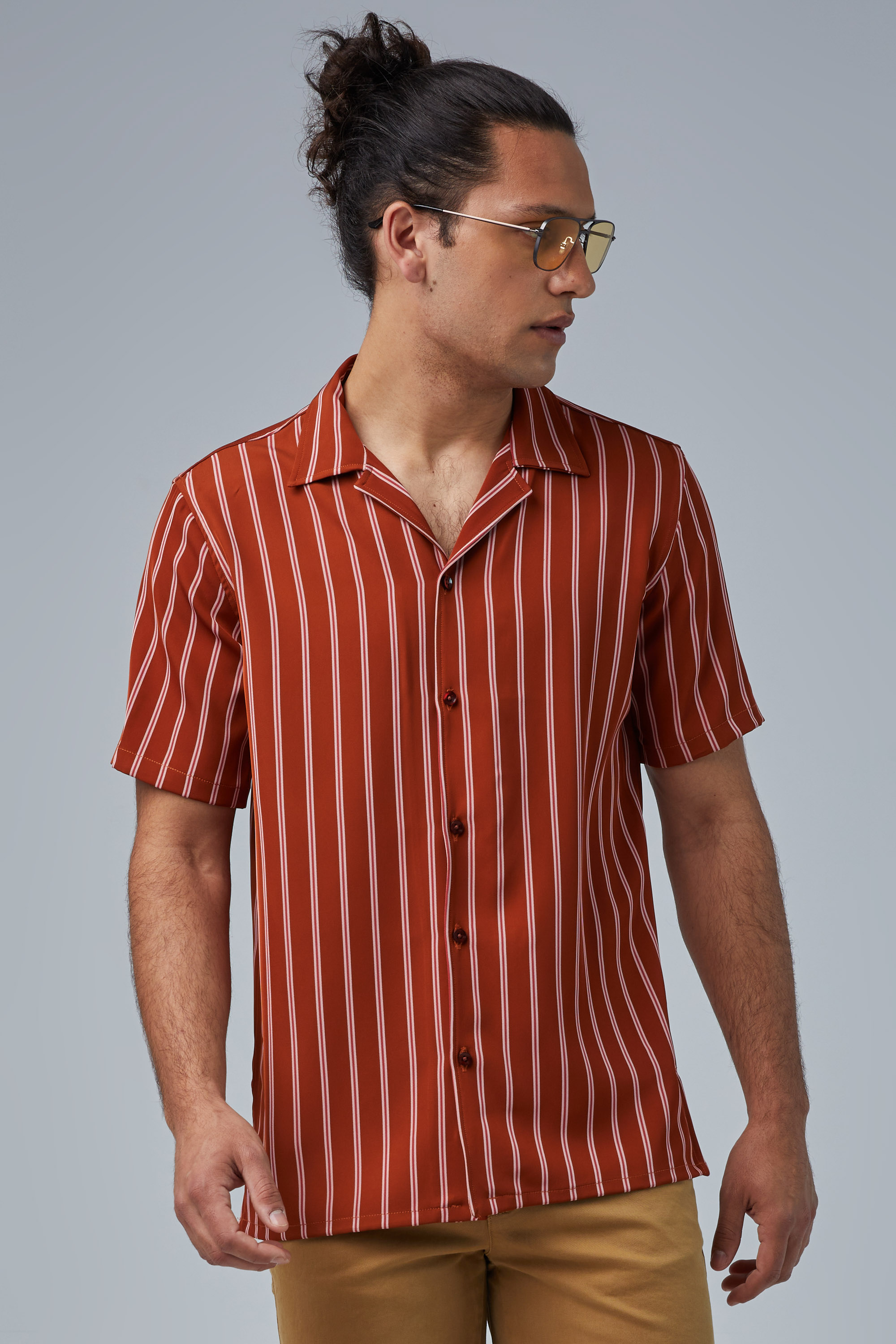 Short Sleeve Brown Striped Shirt ln Revere Collar | Aristoteli Bitsiani