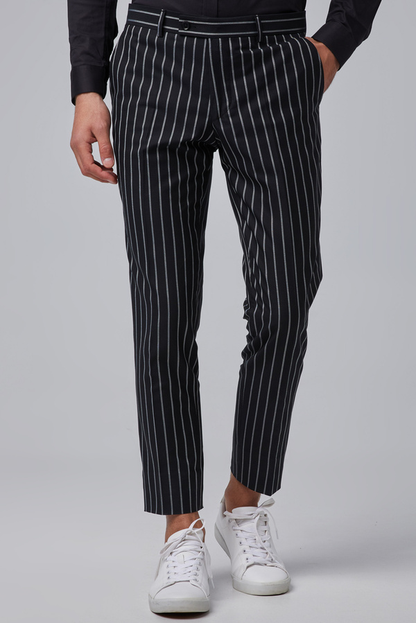 Classic Pinstripe Black Cotton Trousers In Slim Fit | Aristoteli Bitsiani